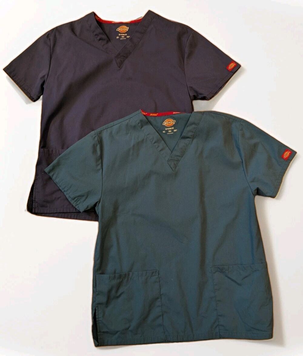 Dickies Scrub Tops Womens Small Lot of 2 Blue Teal V Neck Medical Nurse